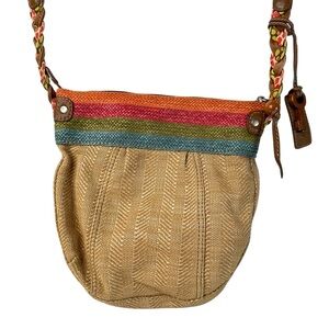 Fossil Boho Tan Multicolor Woven Crossbody Bag Adjustable Strap Zip